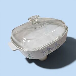 Corning Ware Casserole Dish 10x12x3 White Purple Iris Vintage Bakeware Lid